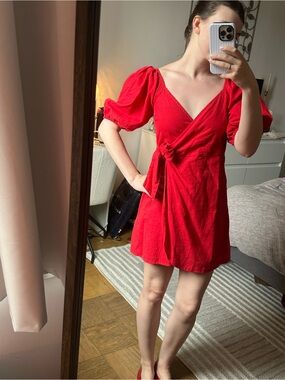 Abercrombie & Fitch Red Tie-Waist Puff Sleeve Mini Dress